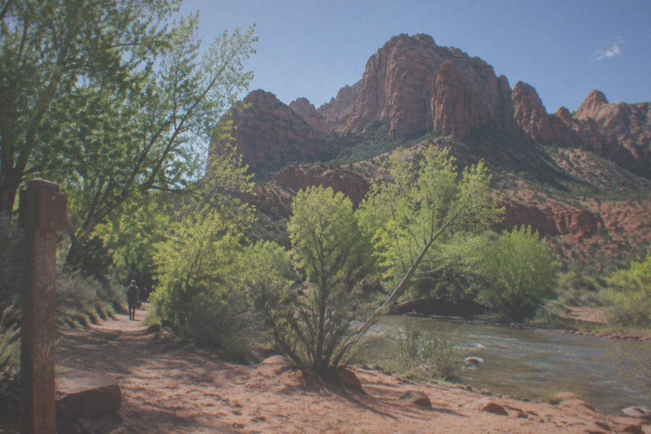 Red rock cliffs above Sedona under a clear blue sky with green trees in the foreground