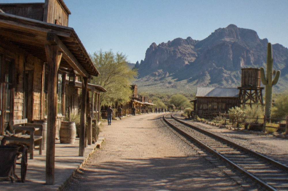 Main street of a reconstructed western mining town with wooden storefronts and desert hills behind