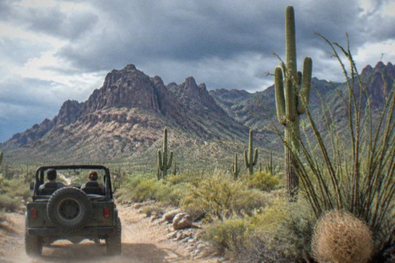An open jeep crosses Sonoran Desert ground thick with saguaros, the Superstition Mountains rising behind it.