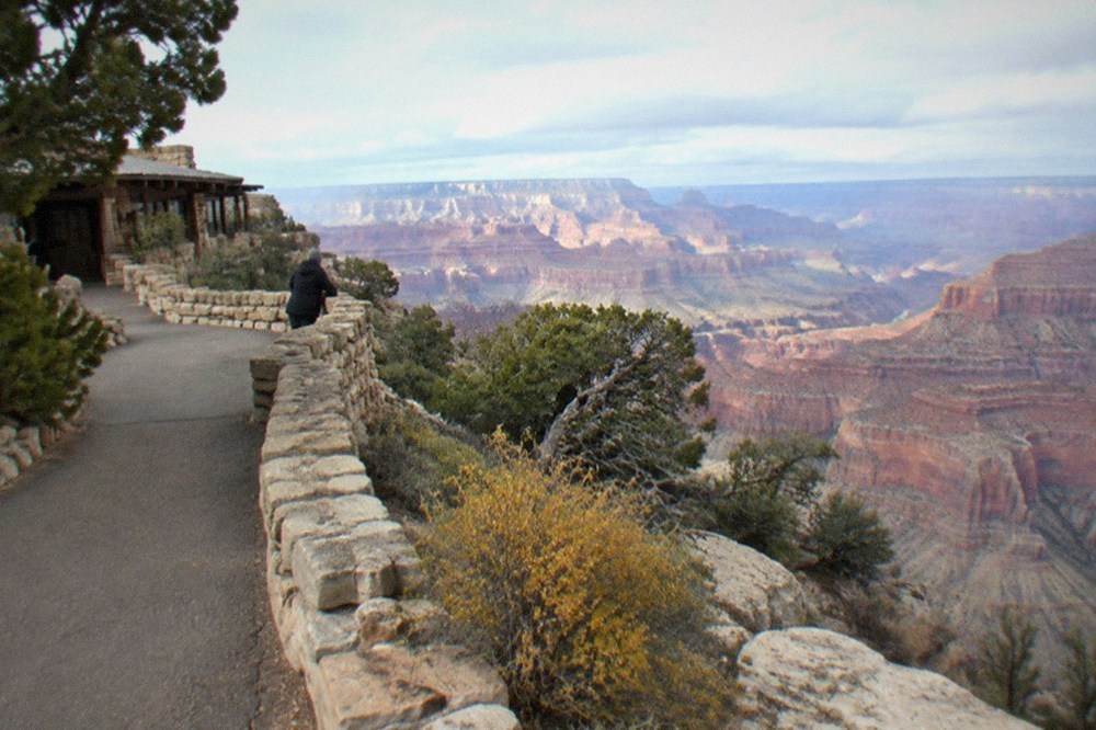 Mather Point at Grand Canyon South Rim with layered rock walls stretching into the distance