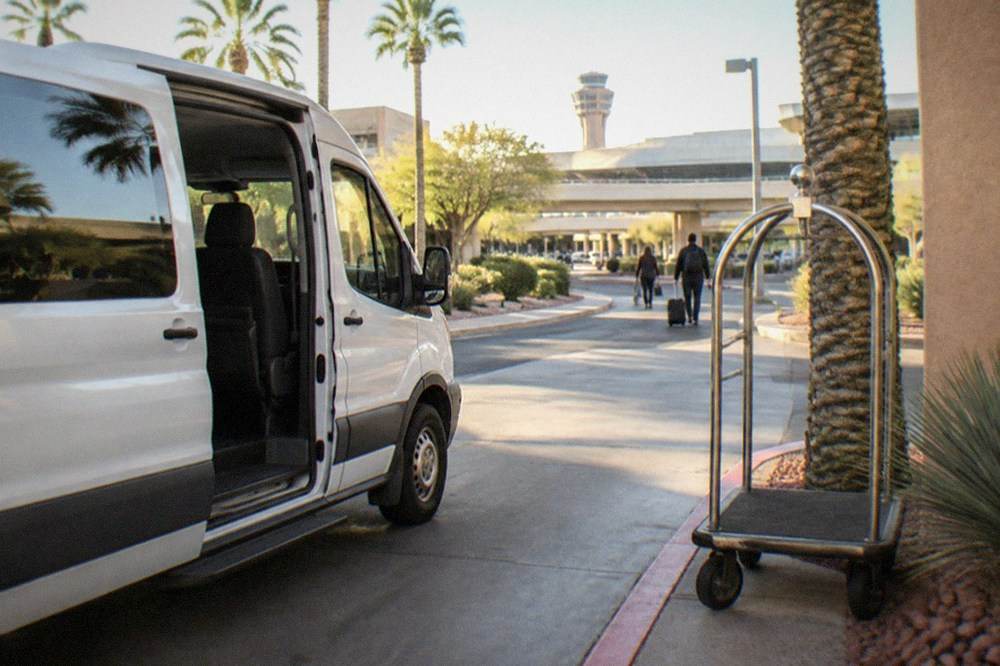 A passenger van with its door open at a resort driveway in early morning light