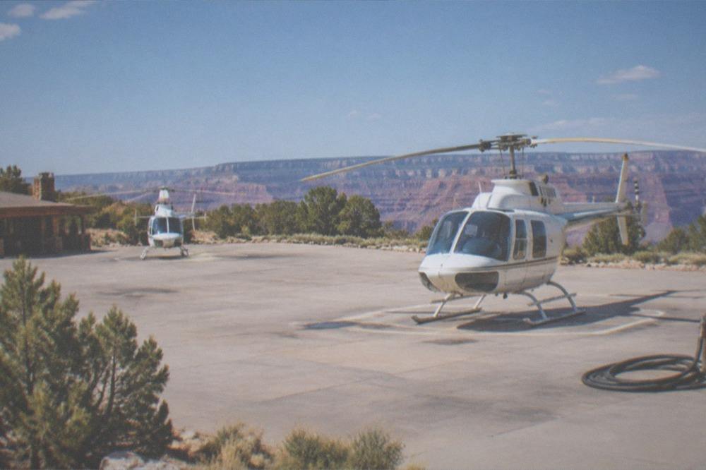 Helipad near the Grand Canyon South Rim with rotorcraft on the ground