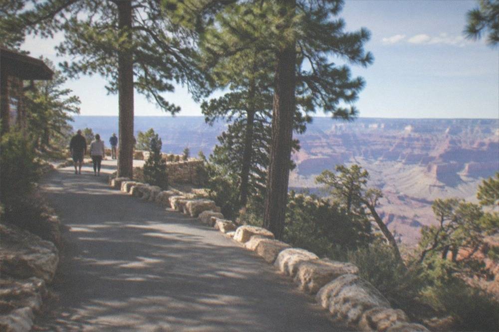 Visitors walking the paved Rim Trail between viewpoints at the Grand Canyon South Rim