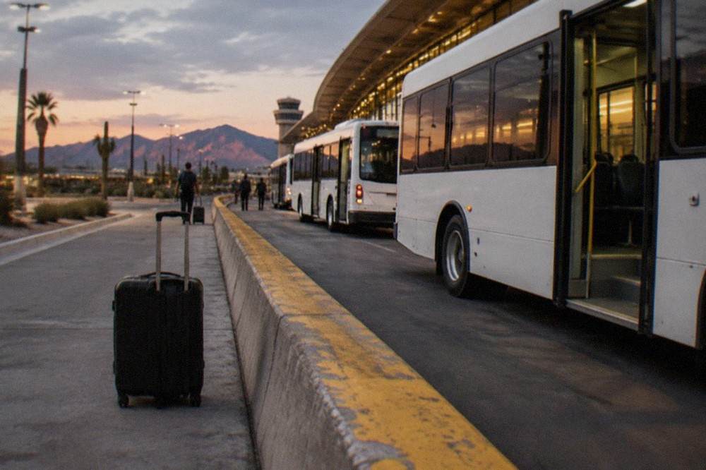 Airport terminal curb at dusk with shuttle buses waiting