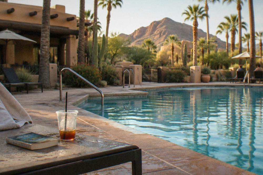 Scottsdale hotel courtyard with palm trees and pool at golden hour