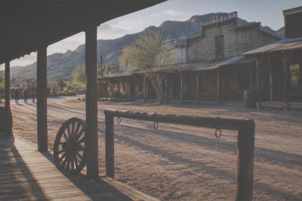 Historic wooden storefronts along an Old West street in Tombstone, Arizona