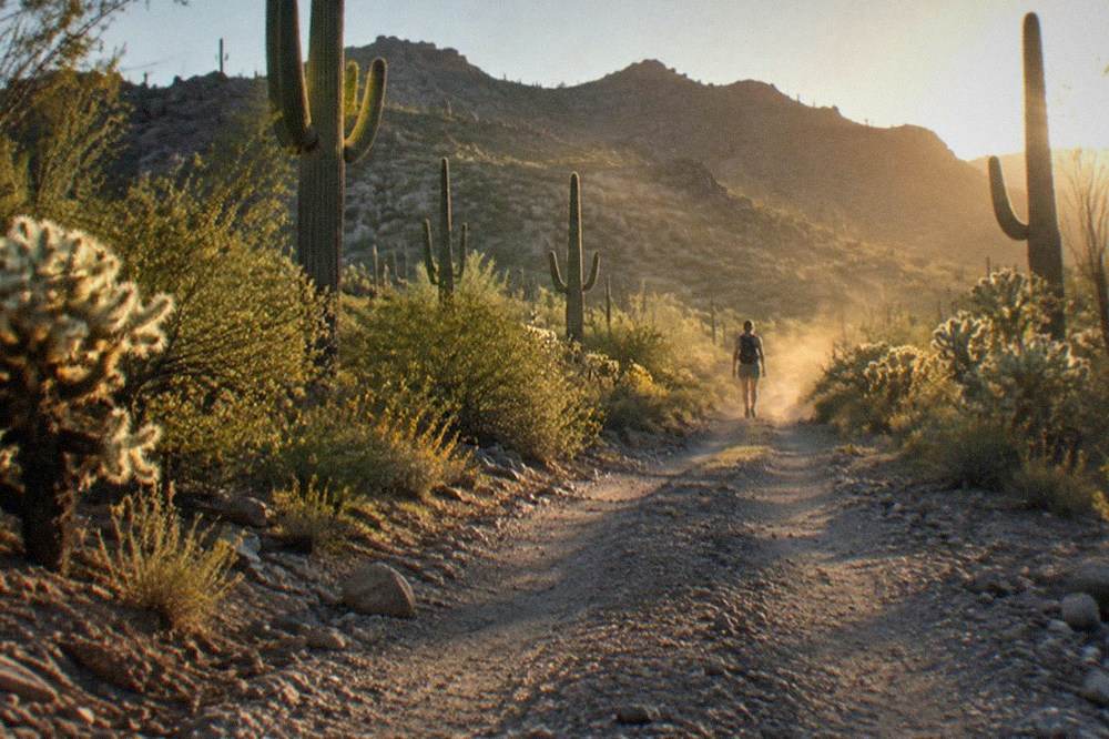 Open desert trail winding between tall saguaro cactuses and rocky foothills in late afternoon light