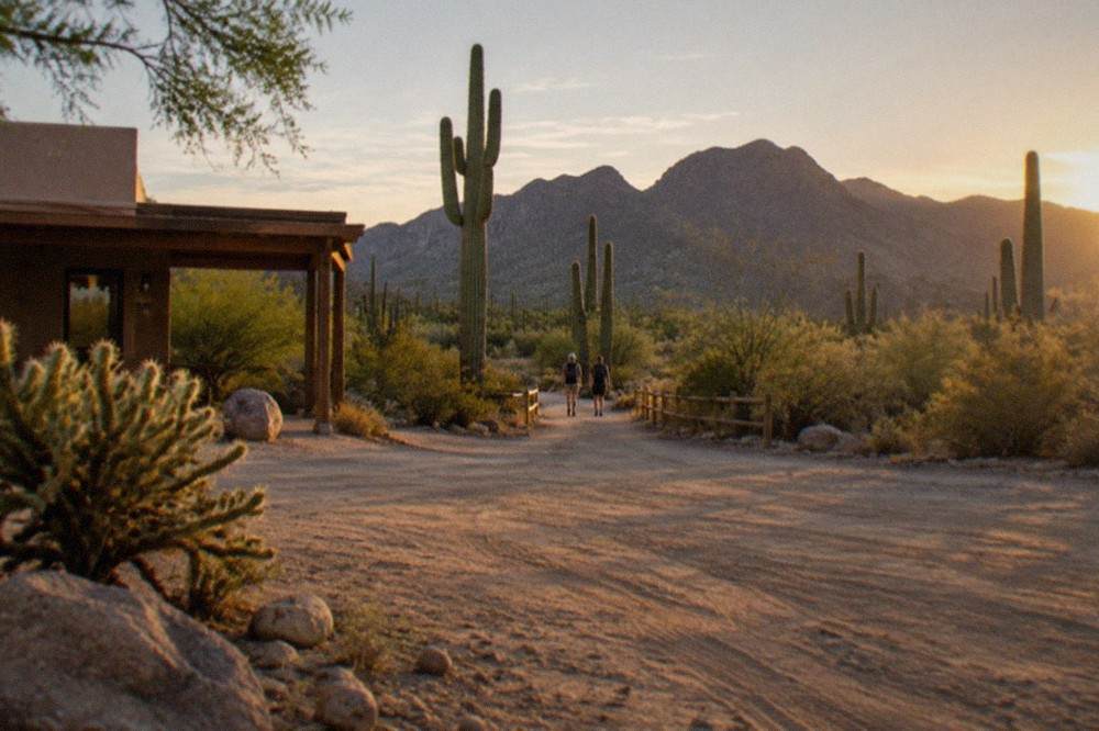 Open desert road north of Scottsdale with saguaro cacti and distant mountains at golden hour