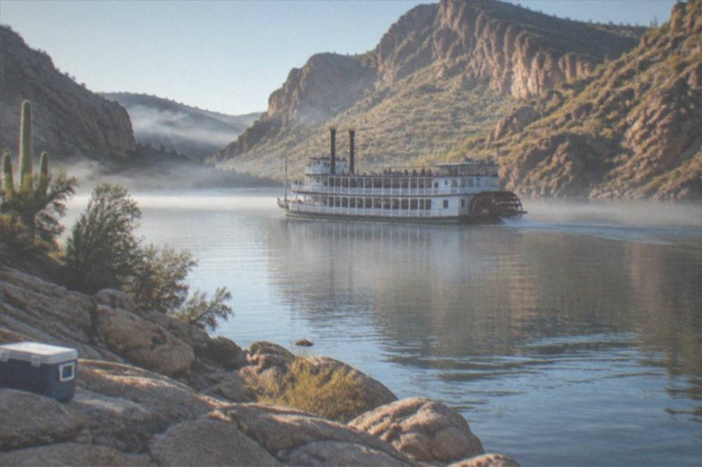 A steamboat cruising across a calm desert lake between rocky canyon walls